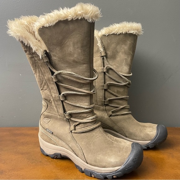 Keen Boots Womens 6 Brighton Brown Gray Leather Tall Waterproof Insulated - Picture 1 of 6